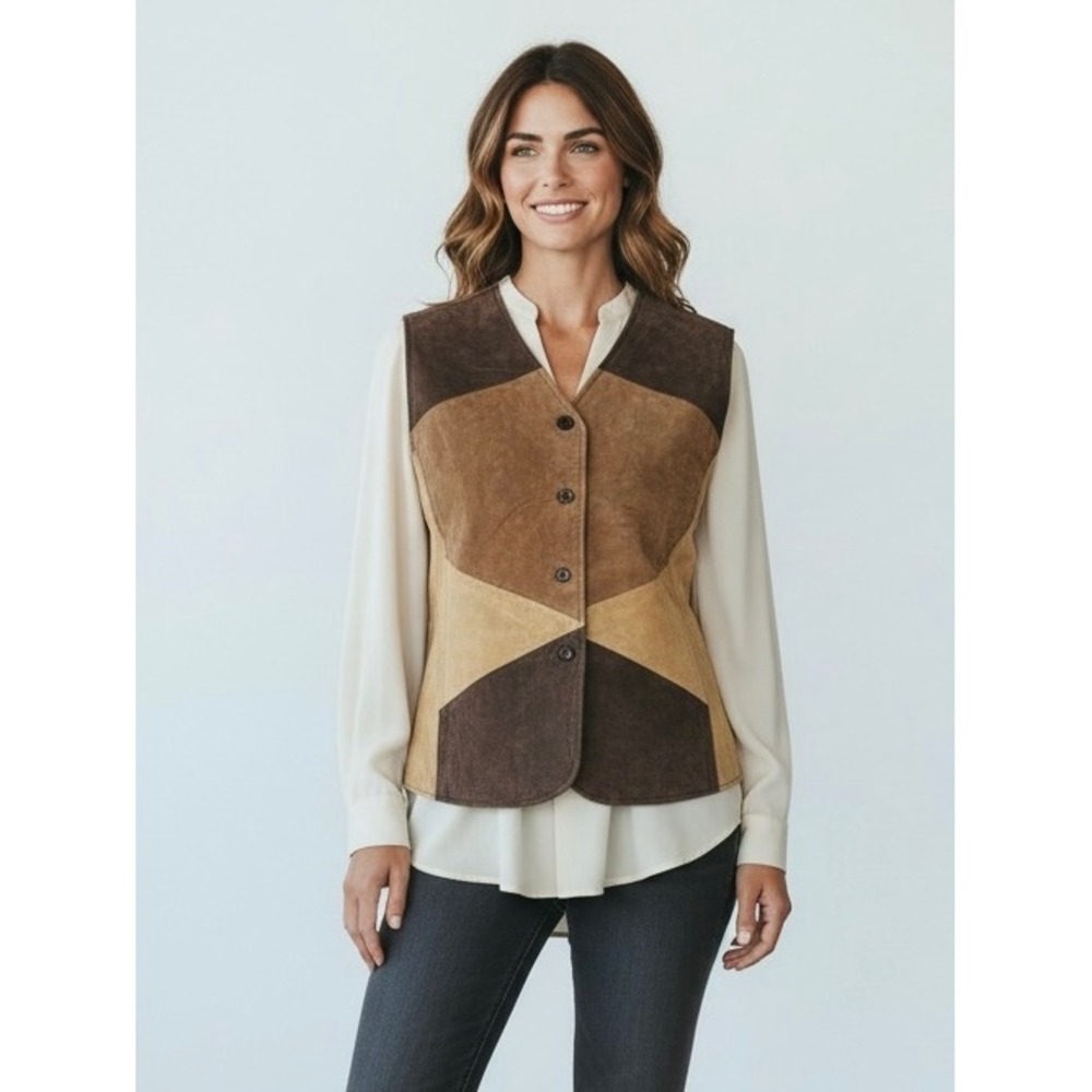 Outbrook Womens Brown Patchwork Leather Vest Button Front Size Large